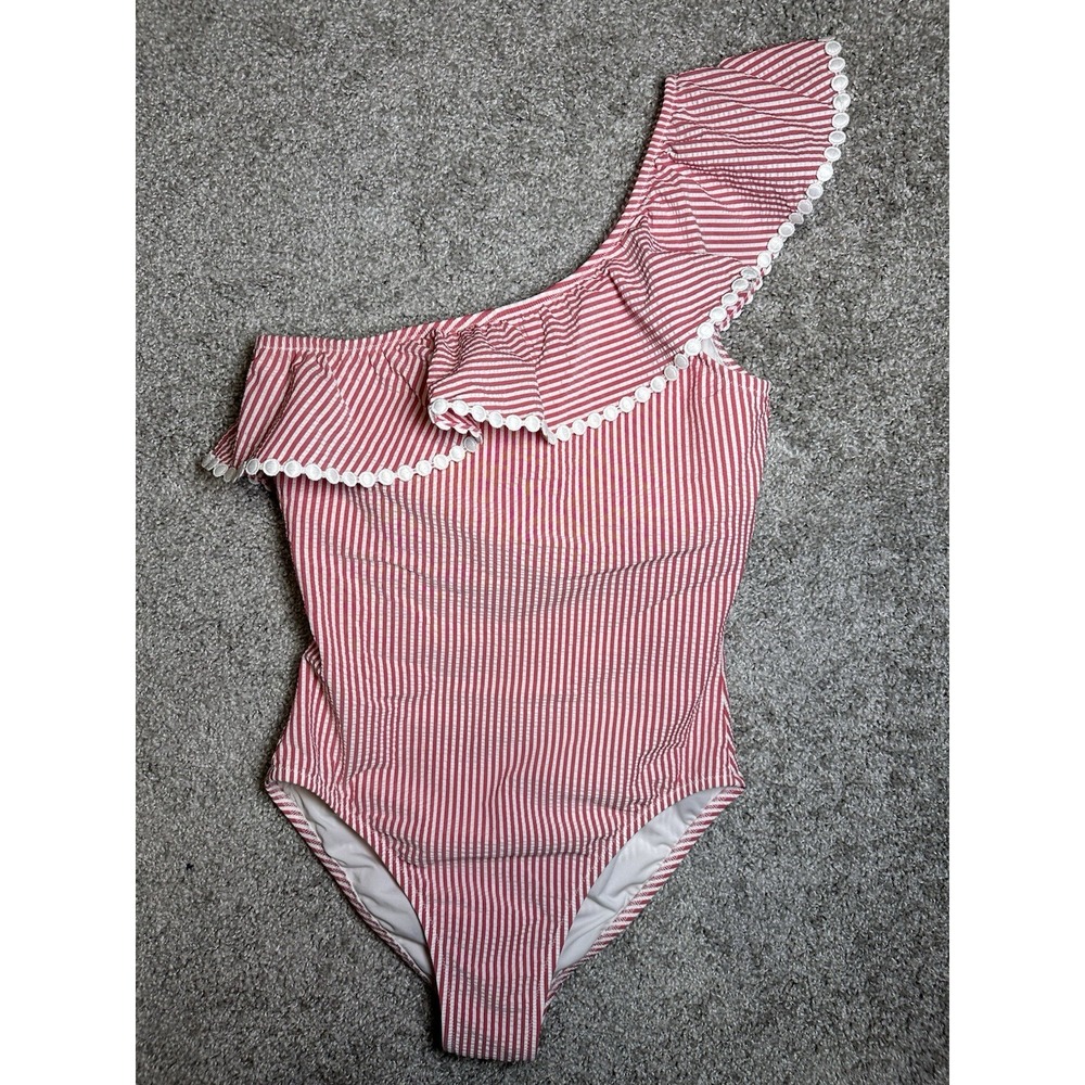 J.Crew Pink White Seersucker One Shoulder Ruffle One Piece Swimsuit Size 6